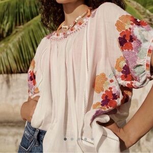 Anthropologie White Top with Red and Orange Embroidery